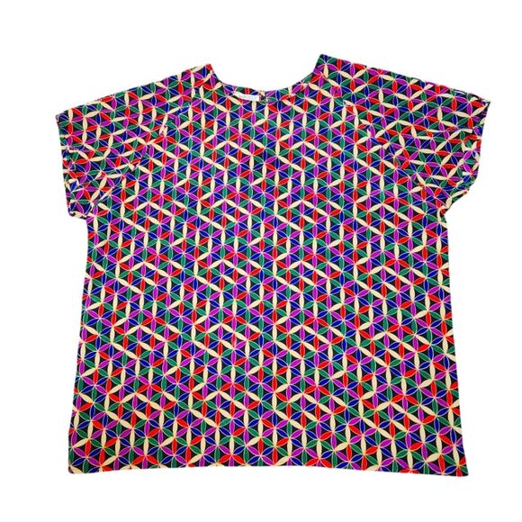 Vintage 80s Top Blouse Geometric Print Short Sleeve Flowy Short Sleeve Red‎ Blue - Picture 1 of 10